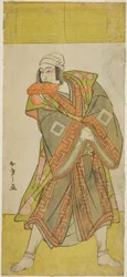 De acteur Ichikawa Danjuro V als prins Koretaka vermomd als de koerier Izutsu Chuji, in het stuk Yamato Kano Ariwara Keizu, uitgevoerd in het Nakamura Theater in de vijfde maand, 1781