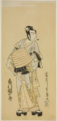 De acteur Ichikawa Danjuro V als Soga no Goro vermomd als een Komuso in het stuk Sakai-cho Soga Nendaiki, uitgevoerd in het Nakamura Theater in de eerste maand, 1771