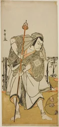 De acteur Ichikawa Danjuro V als Taira no Masakado vermomd als de pelgrim Junjo in het stuk Masakado Kammuri no Hatsuyuki, uitgevoerd in het Nakamura Theater in de elfde maand, 1777