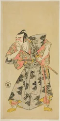 De Acteur Ichikawa Danzo III als Fuwa Banazemon in het stuk Date Moyo Kumo ni Inazuma, opgevoerd in het Morita Theater in de tiende maand, 1768