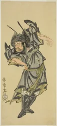De acteur Ichikawa Danzo III als Shoki de Demonenverdrijver in het stuk Date Moyo Kumo ni Inazuma, opgevoerd in het Morita Theater in de tiende maand, 1768