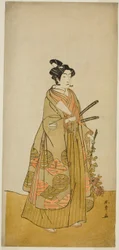 De acteur Ichikawa Monnosuke II als Kichisaburo, tempelpagina van Kichijo-ji, in het stuk Sono Kyodai Fuji no Sugatami, opgevoerd in het Morita Theater in de tweede maand, 1776