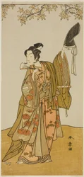 De acteur Ichikawa Monnosuke II als Shimokobe Shoji Yukihira, in het stuk Gohiiki Kanjincho, uitgevoerd in het Nakamura Theater vanaf de eerste dag van de elfde maand, 1773