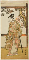 De acteur Ichikawa Monnosuke II als Shinokobe Shoji Yukihira in het stuk Gohiiki Kanjincho, uitgevoerd in het Nakamura Theater in de elfde maand, 1773