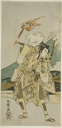 De acteur Ichikawa Monnosuke II als Soga no Goro Tokimune in het stuk Haru wa Soga Akebono-zoshi, opgevoerd in het Nakamura Theater in de eerste maand, 1772