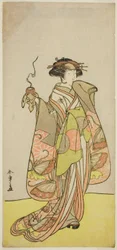 De acteur Ichikawa Monnosuke II als de courtisane Kewaizaka no Shosho in het stuk Sono Kyodai Fuji no Sugatami, opgevoerd in het Morita Theater in de eerste maand, 1776