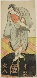 De acteur Ichikawa Monnosuke II als de pelgrim Kakuzan in het stuk Shitenno Tonoi no Kisewata, uitgevoerd in het Nakamura Theater in de elfde maand, 1781