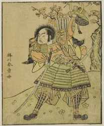 De acteur Ichimura Uzaemon IX als Kajiwara Genta no Kagetoki (?), in het stuk Myoto-giku Izu no Kisewata, uitgevoerd in het Nakamura Theater in de elfde maand, 1770