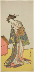 De acteur Iwai Hanshiro IV als de courtisane Agemaki in het stuk Sukeroku Yukari no Hatsu-zakura, uitgevoerd in het Ichimura Theater in de derde maand, 1776
