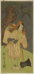 De Acteur Matsumoto Koshiro II als Osada no Taro Kagemune Vermomd als de Houthakker Gankutsu no Gorozo in het Stuk Nue no Mori Ichiyo no Mato, Opgevoerd in het Nakamura Theater in de Elfde Maand, 1770