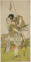 De acteur Nakamura Juzo II als Asahara Hachiro vermomd als de dienaar van een prinselijke familie, in het stuk Onna Aruji Hatsuyuki no Sekai, uitgevoerd in het Morita Theater in de elfde maand, 1773