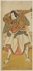 De Acteur Nakamura Nakazo I als Chinzei Hachiro Tametomo Vermomd als Ascetische Monnik, in het Toneelstuk Kitekaeru Nishiki no Wakayaka, Opgevoerd in het Nakamura Theater in de Elfde Maand, 1780