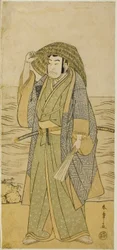 De acteur Nakamura Nakazo I als Kume no Heinaizaemon vermomd als de straatwaarzegger Kosaka Jinnai, in het stuk Kotobuki Banzei Soga, opgevoerd in het Ichimura Theater in de vijfde maand, 1783
