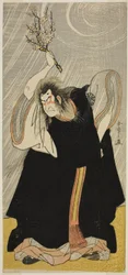 De acteur Nakamura Nakazo I als de dondergod, een incarnatie van Kan Shojo, in het toneelstuk Sugawara Denju Tenarai Kagami, opgevoerd in het Morita-theater in de derde maand van 1780