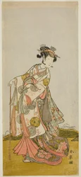 De Acteur Nakamura Noshio I als Prinses Usuyuki in het stuk "Shin Usuyuki Monogatari," uitgevoerd in het Morita Theater in de vijfde maand, 1774