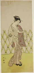 De acteur Nakamura Riko I als Hakata no Kojoro (?) in het stuk Shitenno-ji Nobori Kuyo, uitgevoerd in het Ichimura Theater in de achtste maand, 1773