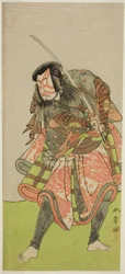 De acteur Nakamura Tomijuro I als Akushichibyoe Kagekiyo in het stuk Kite Hajime Hatsugai Soga, opgevoerd in het Morita Theater in de eerste maand, 1774