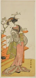 De acteur Nakamura Tomijuro I als de serveerster Otake in het stuk Chigo Suzuri Aoyagi Soga, uitgevoerd in het Nakamura Theater in de eerste maand, 1777