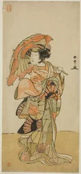 De Acteur Nakamura Tomijuro I als de vrouwelijke vos van Mt. Ubagadake in het stuk "Chigo Torii Tobiiri Kitsune," uitgevoerd in het Ichimura Theater in de elfde maand, 1777