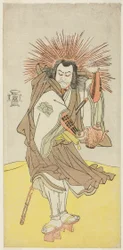 De acteur Nakayama Kojuro VI als Osada no Taro Kagemune (in werkelijkheid Hatcho Tsubute no Kiheiji), in de gedaante van een lampaansteker van Gion Shrine, in akte drie uit deel een van het toneelstuk Yukimotsu Take Furisode Genji (Snow-Covered Bamboo: Gen