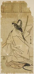 De acteur Onoe Matsusuke I als prins Takanori in het stuk "Kaeribana Eiyu Taiheiki," uitgevoerd in het Nakamura Theater in de elfde maand, 1779