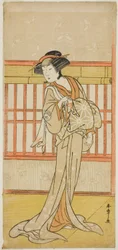 De acteur Osagawa Tsuneyo II als de courtisane Miyagino (?) in het stuk Go Taiheiki Shiraishi-banashi (?), uitgevoerd in het Morita Theater in de vierde maand, 1780 (?)