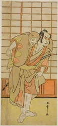 De acteur Otani Hiroji III als Hata no Daizen Taketora vermomd als Shikishima Wakahei in het toneelstuk Juni-hitoe Komachi-zakura, opgevoerd in het Kiri Theater in de Elfde Maand, 1784