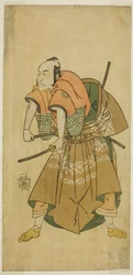 De acteur Sawamura Sojuro II als Omi no Kotoda (?) in het stuk Shuen Soga Omugaeshi (?), opgevoerd in het Ichimura Theater (?) in de tweede maand, 1768 (?)
