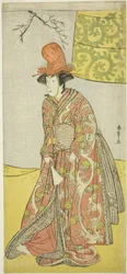 De Acteur Segawa Kikunojo III (?) of Segawa Otome (?) als een Shirabyoshi Danser in Musume Dojo-ji, in het Toneelstuk Edo no Hana Mimasu Soga (?) of Buke no Hana Musume no Adauchi (?), Opgevoerd in het Nakamura Theater (?) in de Vierde Maand, 1783 (?)