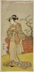 De acteur Yamashita Kinsaku II als Osaku (?) in het stuk Onna Aruji Hatsuyuki no Sekai, uitgevoerd in het Morita Theater in de elfde maand, 1773