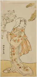 De acteur Yoshizawa Sakinosuke III als Naniwazu in het stuk Sugata no Hana Yuki no Kuronushi, uitgevoerd in het Ichimura Theater in de elfde maand, 1776