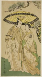 De Acteurs Arashi Hinaji I (rechts), en Ichikawa Komazo II (links), als Prinses Sakura (Sakura Hime) (?) en Shimizu Tonoinosuke (?), in het stuk Soga Moyo Aigo no Wakamatsu (?), uitgevoerd in het Nakamura Theater (?) in de derde maand, 1769 (?)