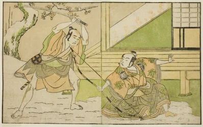 De acteurs Arashi Sangoro II als Hojo Tokiyori (rechts), en Otani Hiroji III als Koga Saburo (links), in het stuk Kono Hana Yotsugi no Hachi no Ki, uitgevoerd in het Ichimura Theater in de elfde maand, 1771