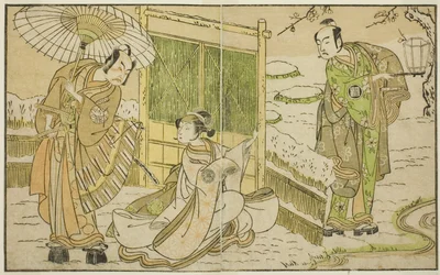 De acteurs Arashi Sangoro II als Minamoto no Yoritomo (rechts), Segawa Kikunojo II als Yuki Onna (midden), en Ichimura Uzaemon IX als Kajiwara Genta no Kagetoki, in het toneelstuk Myoto-giku Izu no Kisewata, uitgevoerd in het Ichimura Theater in de elfde m