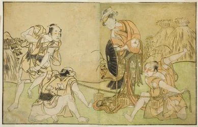 De acteurs Bando Zenji I als Nagahashi Saburo, Iwai Hanshiro IV als Otatsu-gitsune, Nakamura Konozo als Hagai Ujitsune, en een niet-geïdentificeerde acteur (van rechts naar links), in het stuk Nue no Mori Ichiyo no Mato, uitgevoerd in het Nakamura Theater 