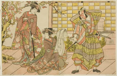 De acteurs Ichikawa Danjuro V als Miura Kunitae (rechts), Segawa Kikunojo III als Yasukata (midden), en Iwai Hanshiro IV als Utou (links), in het stuk Godai Genji Mitsugi no Furisode, uitgevoerd in het Nakamura Theater in de elfde maand, 1782