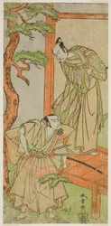 De acteurs Ichikawa Danjuro V als Momonoi Wakasanosuke (rechts) en Nakamura Nakazo I als Kakogawa Honzo (links), in het stuk Kanadehon Chushingura, uitgevoerd in het Nakamura Theater in de vijfde maand, 1771