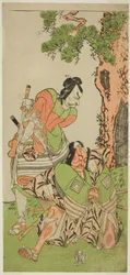 De Acteurs Ichikawa Danzo III als I no Hayata Tadazumi (rechts), en Matsumoto Koshiro II als Osada no Taro Kagemune Vermomd als Yatsurugi Zaemon (links), in het stuk Nue no Mori Ichiyo no Mato, opgevoerd in het Nakamura Theater in de elfde maand, 1770