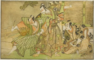 De Acteurs Ichikawa Komazo II als Minamoto no Yorimasa (rechts), Matsumoto Koshiro II als Osada no Taro Kagemune Vermomd als Yatsurugi Zaemon (midden), en Ichikawa Danzo III als I no Hayata Tadazumi (links), in het Toneelstuk Nue no Mori Ichiyo no Mato, Op