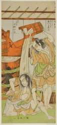De Acteurs Ichikawa Komazo II als Satsuma Gengobei (rechts), en Nakamura Nakazo I als Sasano Sangobei (links)