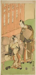 De acteurs Ichikawa Komazo II als Soga no Juro Sukenari (rechts), en Ichikawa Danjuro V als Soga no Goro Tokimune (links), in Komuso-kledij, in het stuk Sakaicho Soga Nendaiki, uitgevoerd in het Nakamura Theater in de eerste maand, 1771