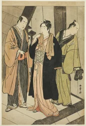 De Acteurs Ichikawa Monnosuke II (links), Iwai Hanshiro IV (midden), en Iwai Karumo (?) (rechts), op een landingsplaats achter de schermen