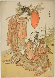 De Acteurs Ichikawa Monnosuke II en Segawa Kikunojo III als de Geliefden Seijuro (rechts) en Onatsu (links), in de Ontsnappingsscène "Michiyuki Hiyoku no Kiku-cho" (Een Ontsnapping: Chrysant-en-Vlinder Liefdesvogels), een Dans Intermezzo uit Deel Twee van 