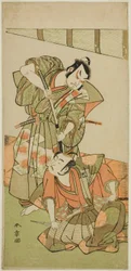 De acteurs Ichikawa Yaozo II als Konoshita Hyokichi en Sakata Hangoro II als Matsunaga Daizen Hisahide, in het toneelstuk Gion Sairei Shinko Ki, uitgevoerd in het Ichimura Theater in de vijfde maand, 1775