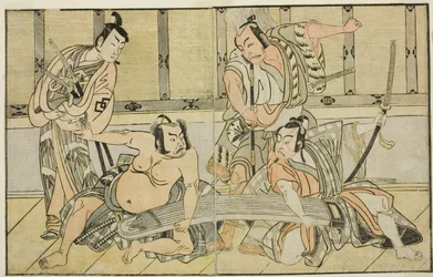 De Acteurs Ichikawa Yaozo II als Kujaku no Saburo, Matsumoto Koshiro II als Hata no Daizen Taketora, Nakajima Mihoemon II als Aramaki Mimishiro, en Nakamura Shocho I als Ki no Tsurayuki (van rechts naar links), in het stuk Kuni no Hana Ono no Itsumoji, opg