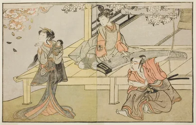 De acteurs Ichikawa Yaozo II als Yoshimine no Munesada (rechts), Yoshizawa Sakinosuke III als Shizuya (midden), en Nakamura Matsue I als Sakuragi (links), in het stuk Kuni no Hana Ono no Itsumoji, uitgevoerd in het Nakamura Theater in de elfde maand, 1771
