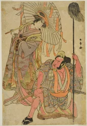 De Acteurs Ichimura Uzaemon IX als Hata no Daizen Taketora Vermomd als de Yakko Matahei (rechts), en Iwai Hanshiro IV als Umegae Vermomd als de Gedichtendiviner Omatsu (links), in het Toneelstuk Mukashi Otoko Yuki no Hinagata, Opgevoerd in het Ichimura The