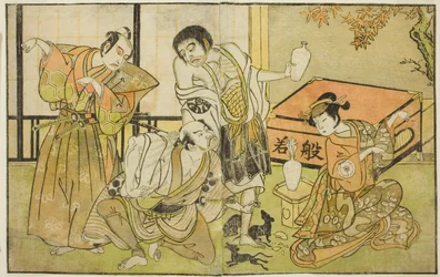 De Acteurs Iwai Hanshiro IV als Otatsu-gitsune, Nakamura Nakazo I als Raigo Ajari, Sakata Tojuro III als Kamada Gon-no-kami Masayori, en Ichikawa Yaozo II als Sakon-gitsune (van rechts naar links), in het stuk "Nue no Mori Ichiyo no Mato," opgevoerd in het
