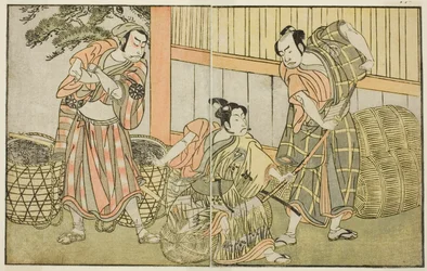 De Acteurs Kasaya Matakuro II als Hagun Taro (rechts), Ichikawa Monnosuke II als Izutsu no Suke Narihira (midden), en Nakamura Nakazo I als Kose no Kanaoka Vermomd als Sogoro de Houtskoolmaker, in het Toneelstuk Kuni no Hana Ono no Itsumoji, Opgevoerd in d