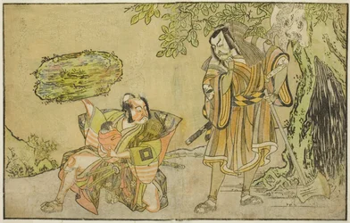 De Acteurs Matsumoto Koshiro II als Osada no Taro Kagemune Vermomd als de Houthakker Gankutsu no Gorozo (rechts), en Ichikawa Danzo III als I no Hayata Tadazumi (links), in het Toneelstuk Nue no Mori Ichiyo no Mato, Opgevoerd in het Nakamura Theater in de 